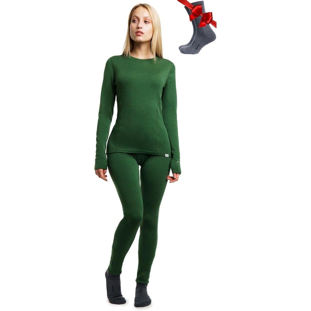 image:image100 Merino Wool Base Layer Women Set Thermal Underwear Women Top Bottom250 Olive