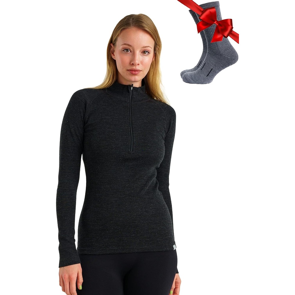 image:image100 Merino Wool Quarter Zip Sweater Women Thermal Base Layer with Socks 250 Charcoal Grey