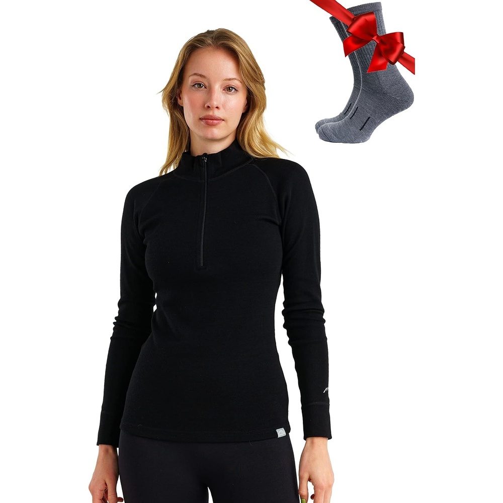 image:image100 Merino Wool Quarter Zip Sweater Women Thermal Base Layer with Socks 320 Black