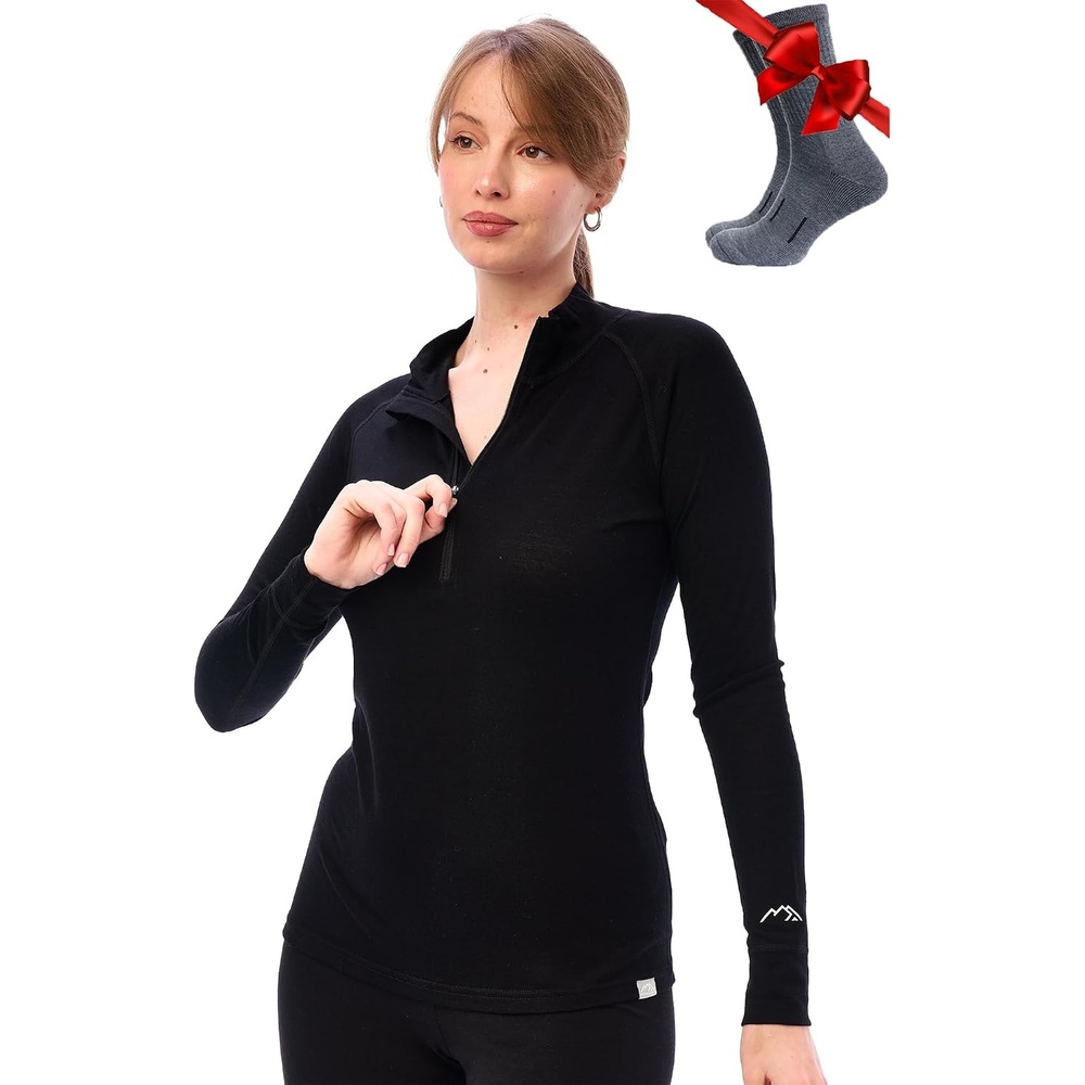 image:image100 Merino Wool Quarter Zip Sweater Women Thermal Base Layer with Socks165 Black