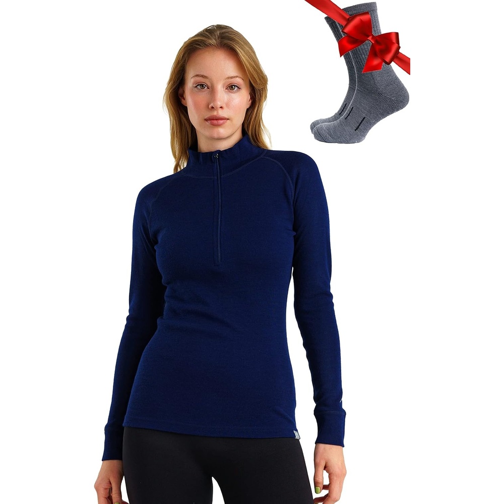 image:image100 Merino Wool Quarter Zip Sweater Women Thermal Base Layer with Socks250 Navy