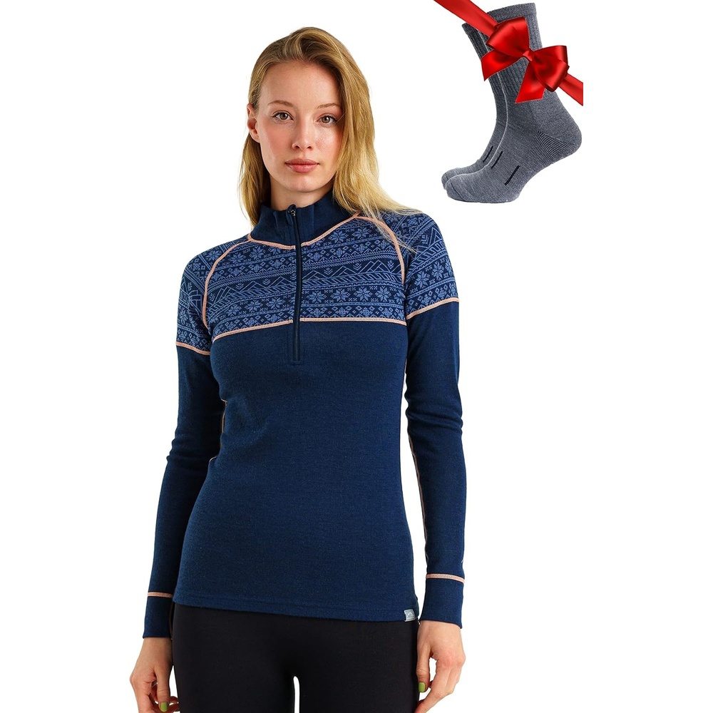 image:image100 Merino Wool Quarter Zip Sweater Women Thermal Base Layer with Socks250 Nordic Tale Berry