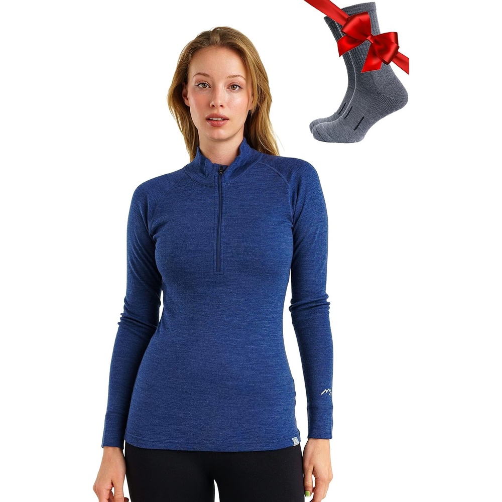 image:image100 Merino Wool Quarter Zip Sweater Women Thermal Base Layer with Socks250 Windsor Blue