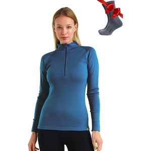 100% Merino Wool Quarter Zip Sweater Women – Thermal Base Layer with Socks(165 Denim Blue)