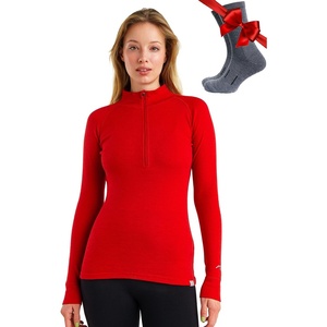 100% Merino Wool Quarter Zip Sweater Women – Thermal Base Layer with Socks(250 Cherry Red)
