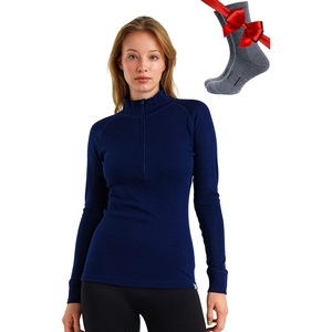 100% Merino Wool Quarter Zip Sweater Women – Thermal Base Layer with Socks(250 Navy)