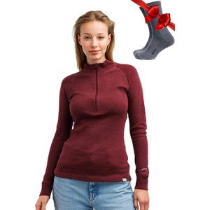 100% Merino Wool Quarter Zip Sweater Women – Thermal Base Layer with Socks(320 Burgundy)