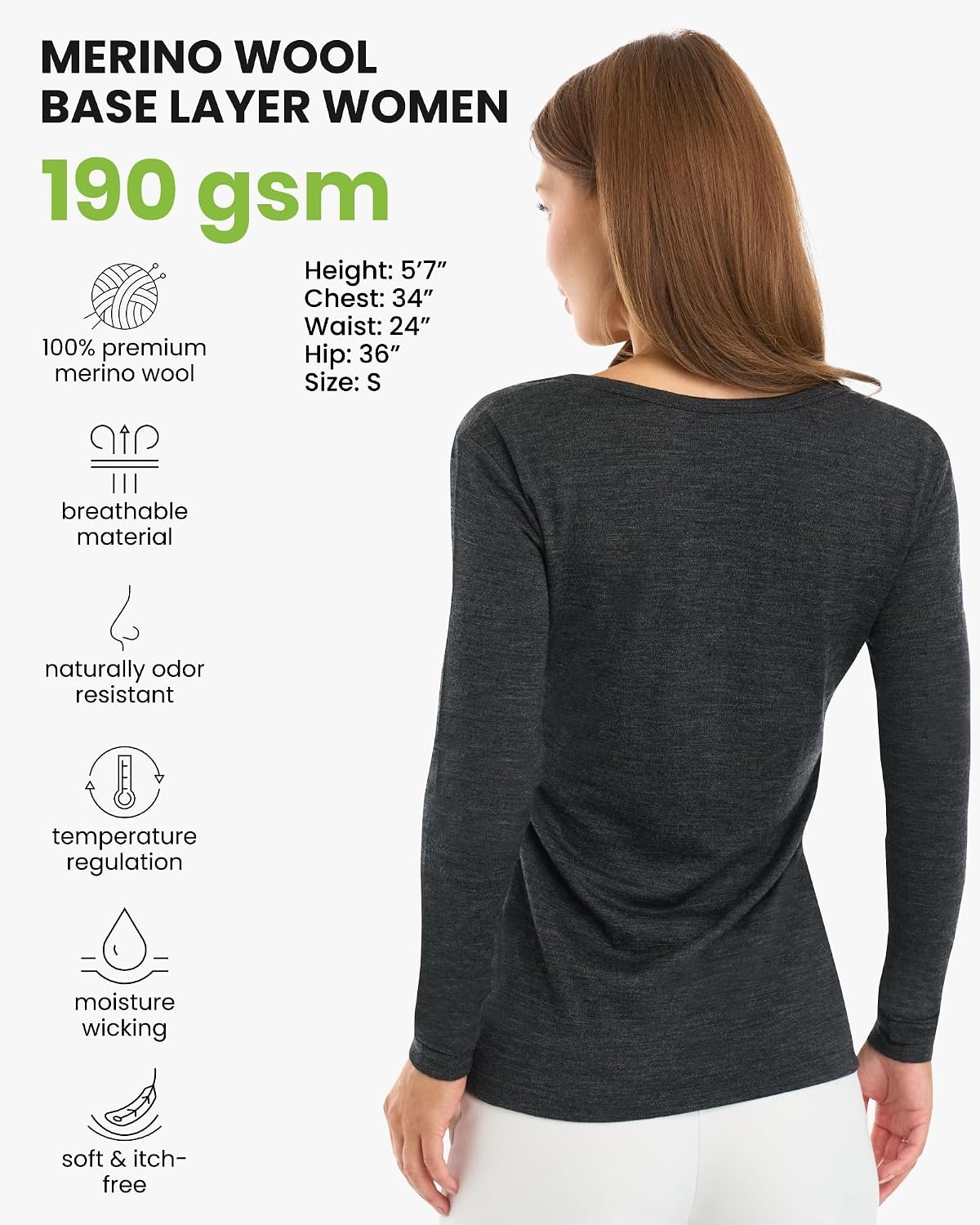 image:image100 Merino Wool Base Layer Women Thermal Merino Wool Shirt WomenS 190 Heathered Black