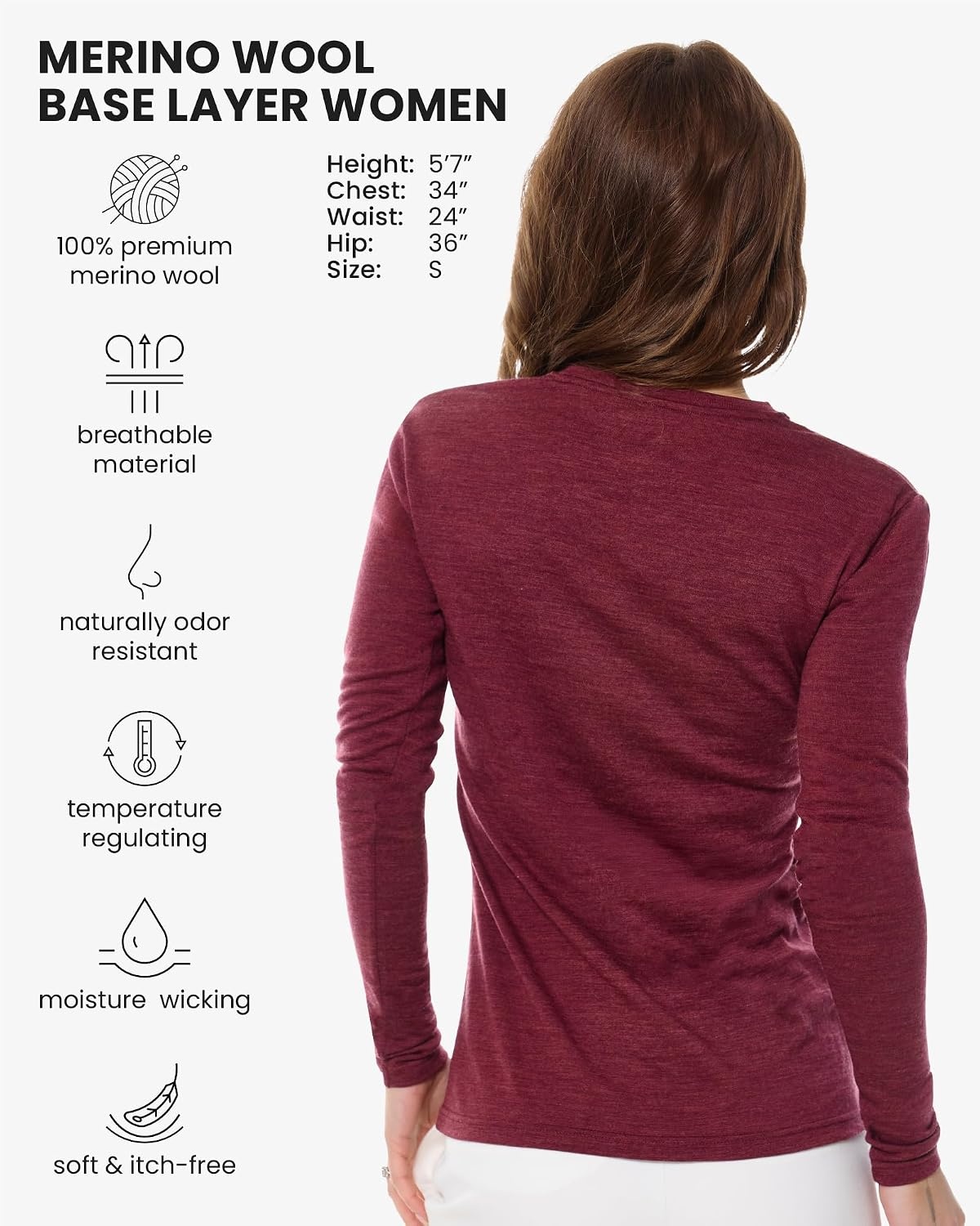 image:image100 Merino Wool Base Layer Women Thermal Merino Wool Shirt WomenV 190 Burgundy