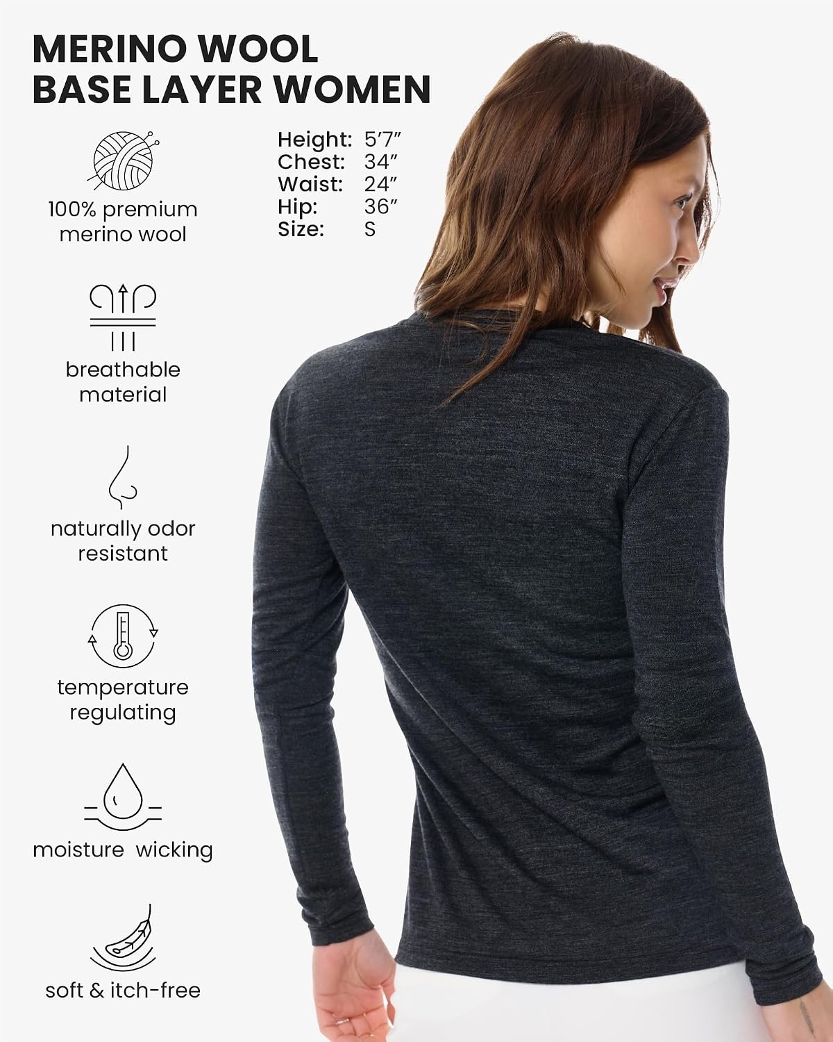 image:image100 Merino Wool Base Layer Women Thermal Merino Wool Shirt WomenV 190 Melange Black
