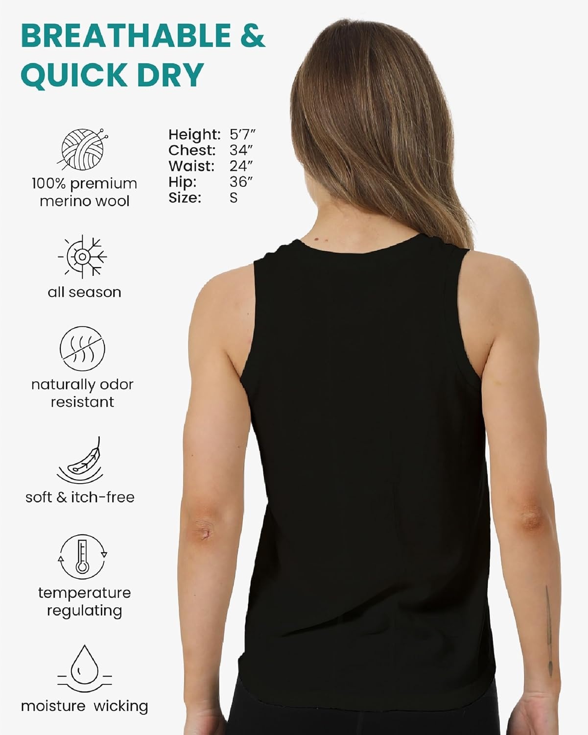 image:image100 Merino Wool Tank Top Women Active Sleeveless Undershirt Base LayerH Black