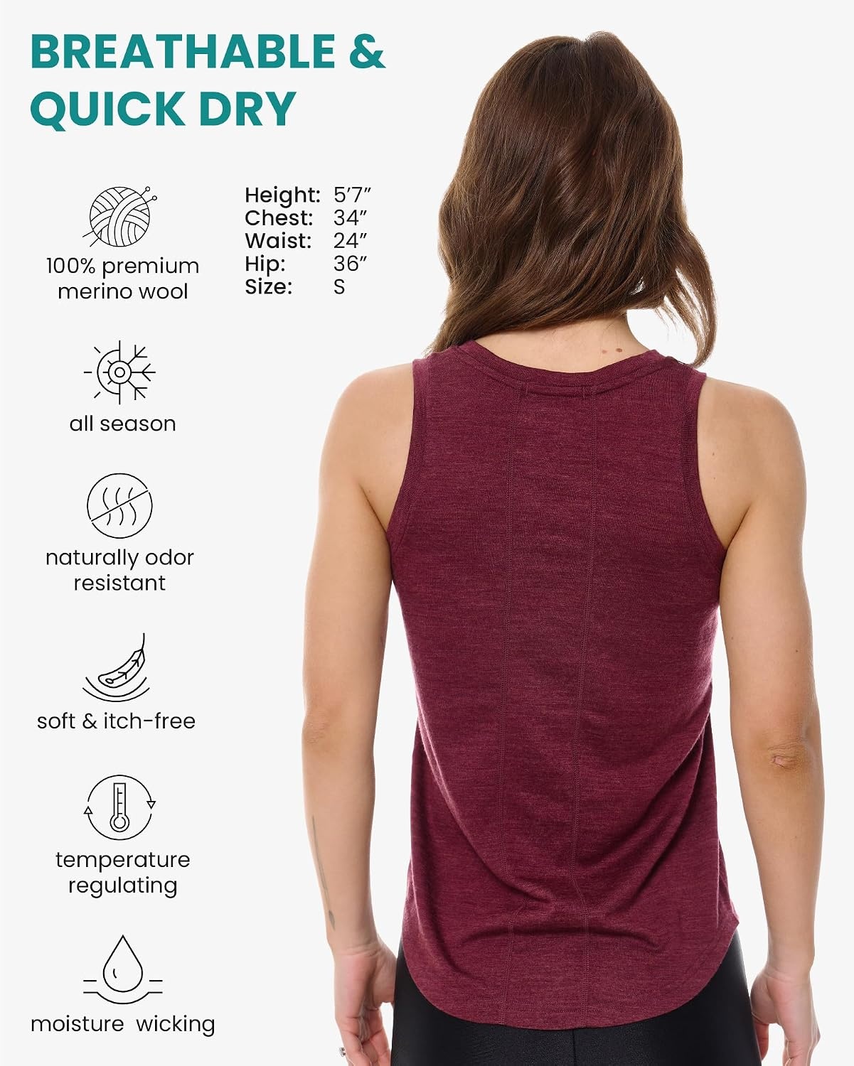 image:image100 Merino Wool Tank Top Women Active Sleeveless Undershirt Base LayerH Burgundy