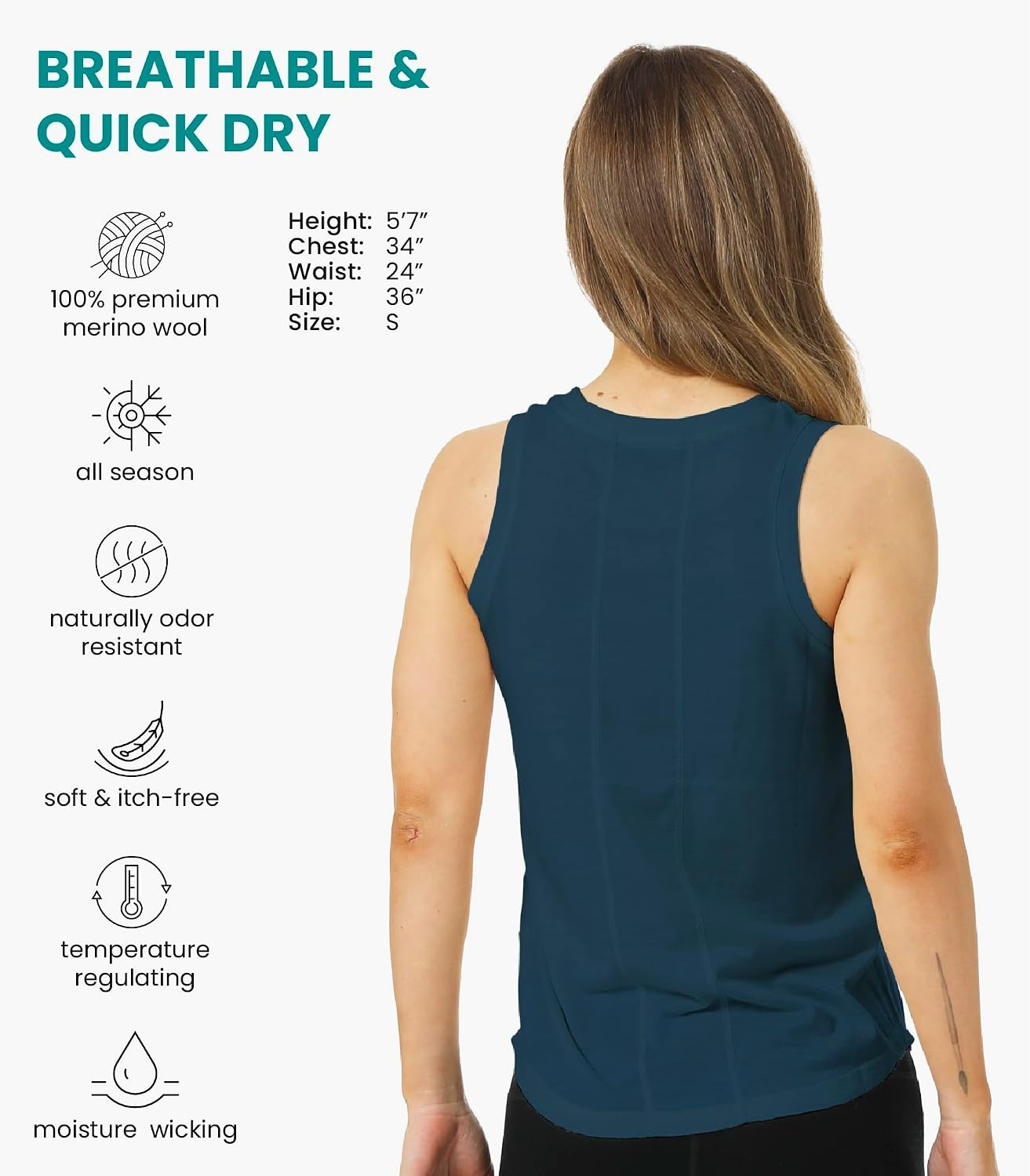 image:image100 Merino Wool Tank Top Women Active Sleeveless Undershirt Base LayerH Denim