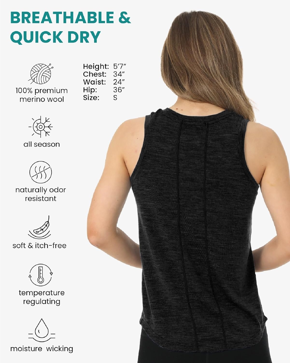 image:image100 Merino Wool Tank Top Women Active Sleeveless Undershirt Base LayerH Heathered Black