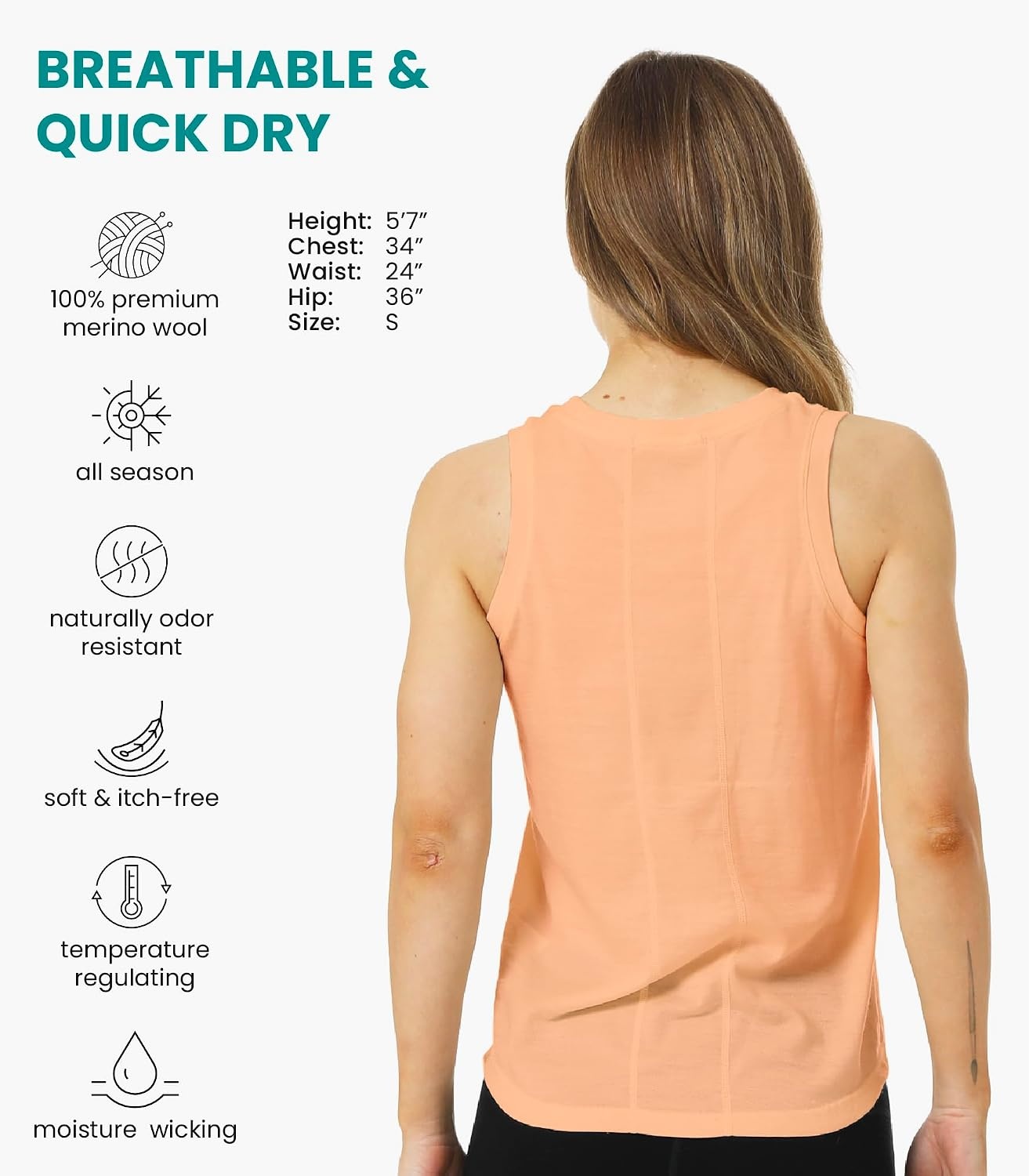 image:image100 Merino Wool Tank Top Women Active Sleeveless Undershirt Base LayerH Peach