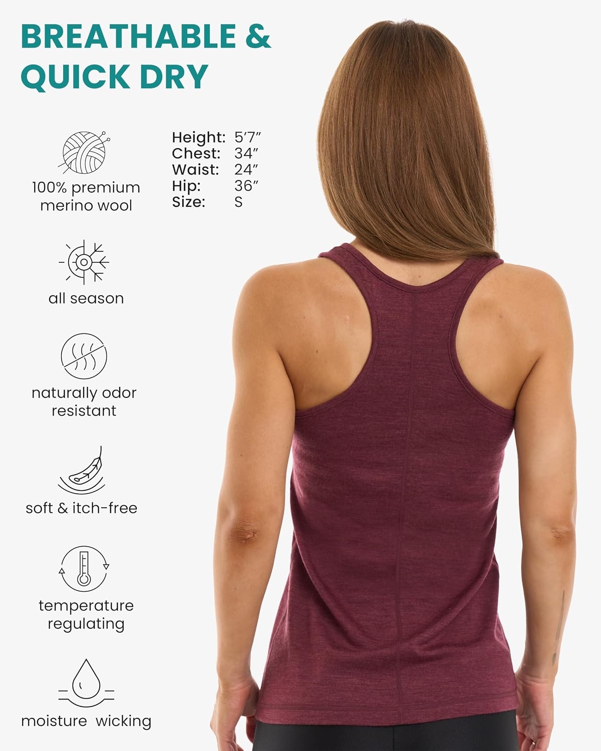 image:image100 Merino Wool Tank Top Women Active Sleeveless Undershirt Base LayerR Burgundy