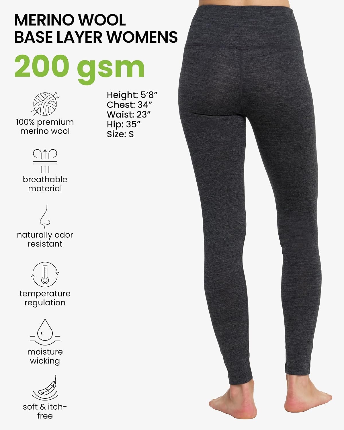 image:imageMerino Wool Base Layer Women Pants Thermal Leggings for Women Long Johns200 Heathered Black