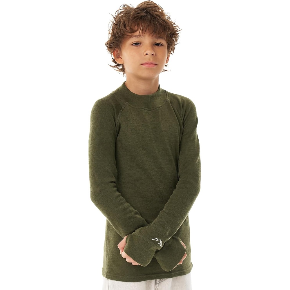 image:image100 Merino Wool Kids Long Sleeve Turtleneck Midweight Thermal Base Layer260 Dark Olive