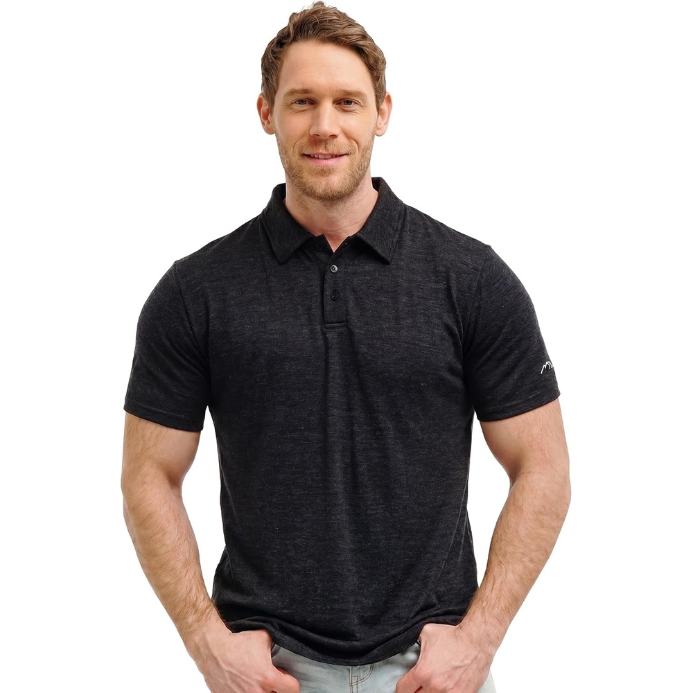 image:image100 Merino Wool Polo Shirt Men Short amp Long Sleeve Shirt Base LaterHeathered Black