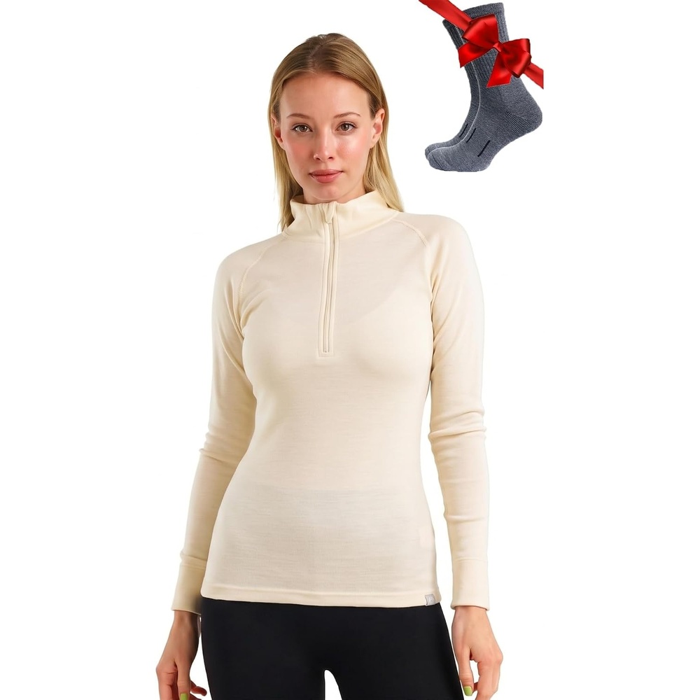 image:image100 Merino Wool Quarter Zip Sweater Women Thermal Base Layer with Socks250 Natural White