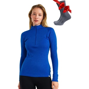 100% Merino Wool Quarter Zip Sweater Women – Thermal Base Layer with Socks(250 Cobalt Blue)
