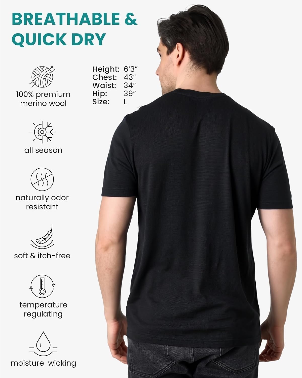 image:image100 Merino Wool TShirt Men Short Sleeve Undershirt Base Layer TopBlack P2