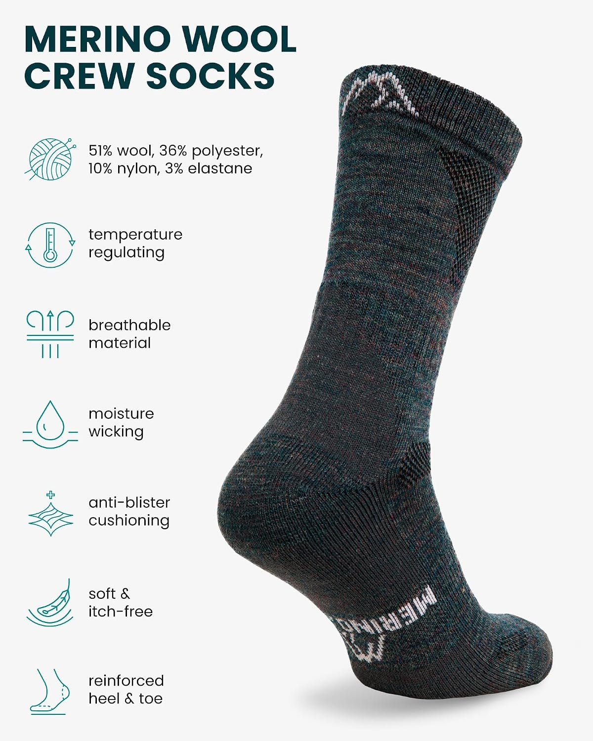 image:imageMerinotech Wool Hiking Socks Crew Style Dark Green Pack of 3 35