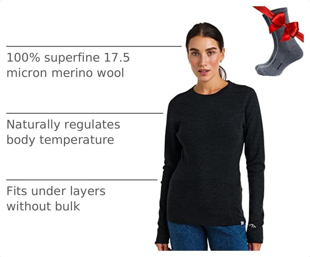image:image100 Merino Wool Base Layer Women Long Sleeve Thermal Shirt with Socks 320 Charcoal Grey