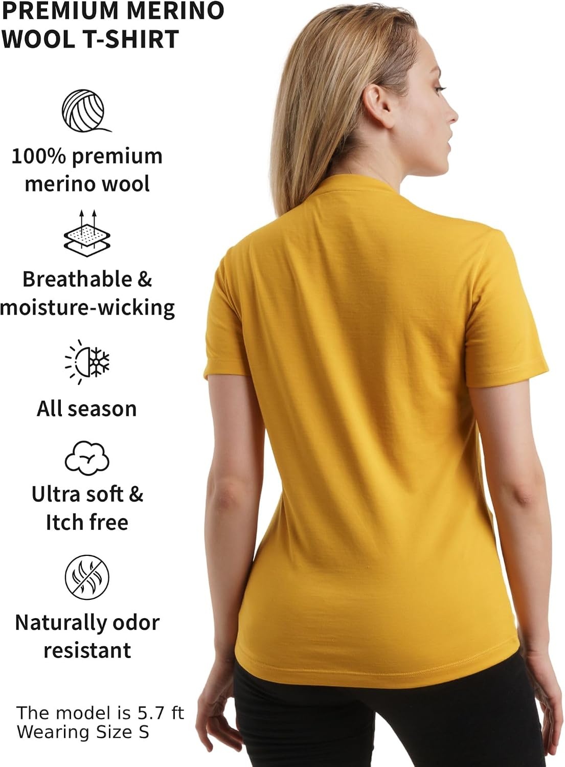 image:image100 Merino Wool Shirt Women Short Sleeve Tee Base Layer Top UndershirtGold V