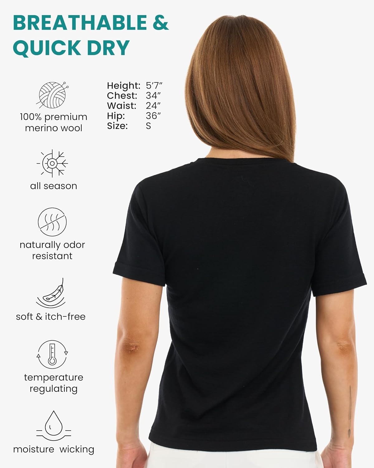 image:imageMerino Wool Women Short Sleeve Tee Base Layer Top Medium Black Ink V