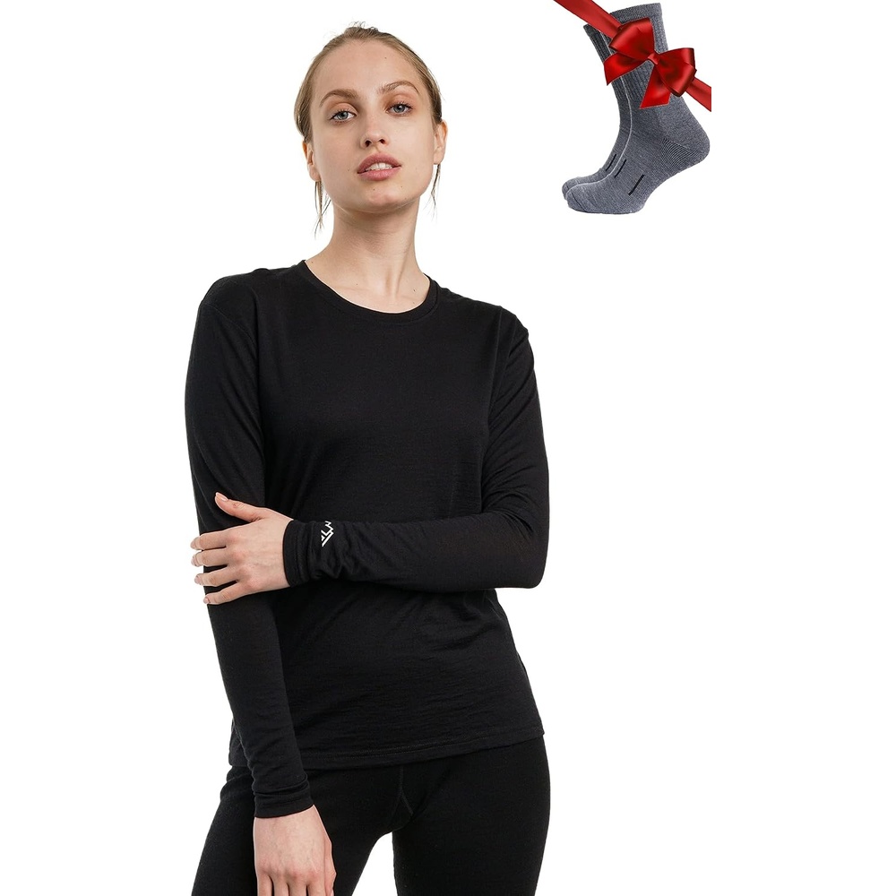image:image100 Merino Wool Base Layer Women Long Sleeve Thermal Shirt with Socks 165 Black