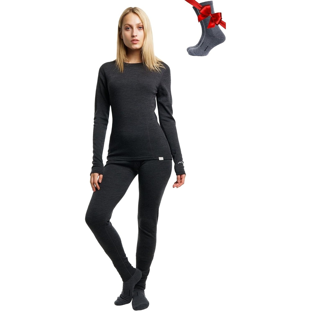 image:image100 Merino Wool Base Layer Women Set Thermal Underwear Women Top Bottom 165 Heathered Black