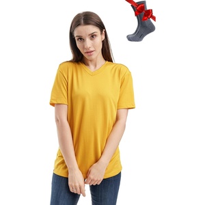 100% Merino Wool T-Shirt Women – Short Sleeve Tee with Hiking Socks(Mustard V)