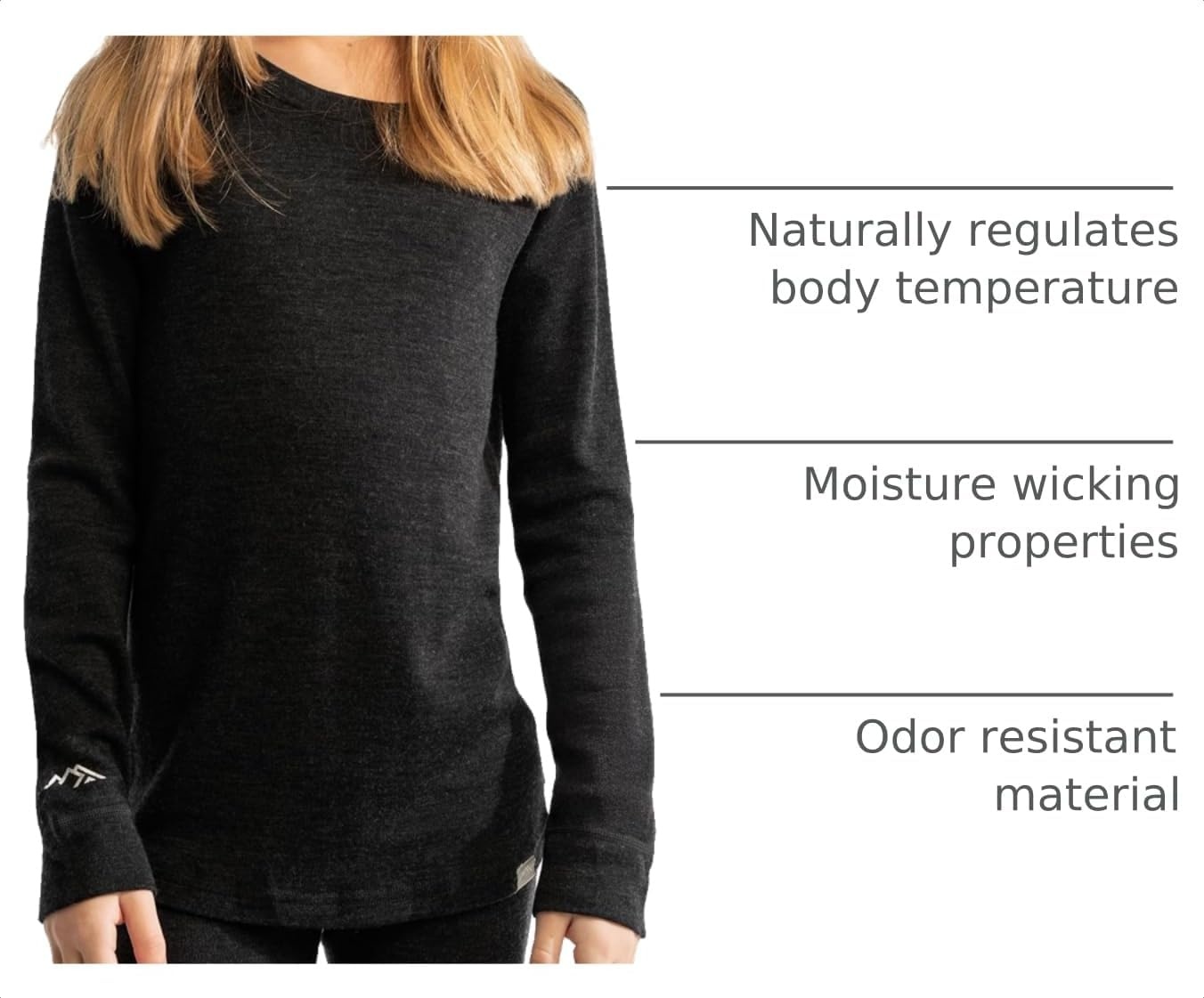 image:image100 Merino Wool Base Layer Kids Midweight Long Sleeve Thermal UnderwearCharcoal Grey