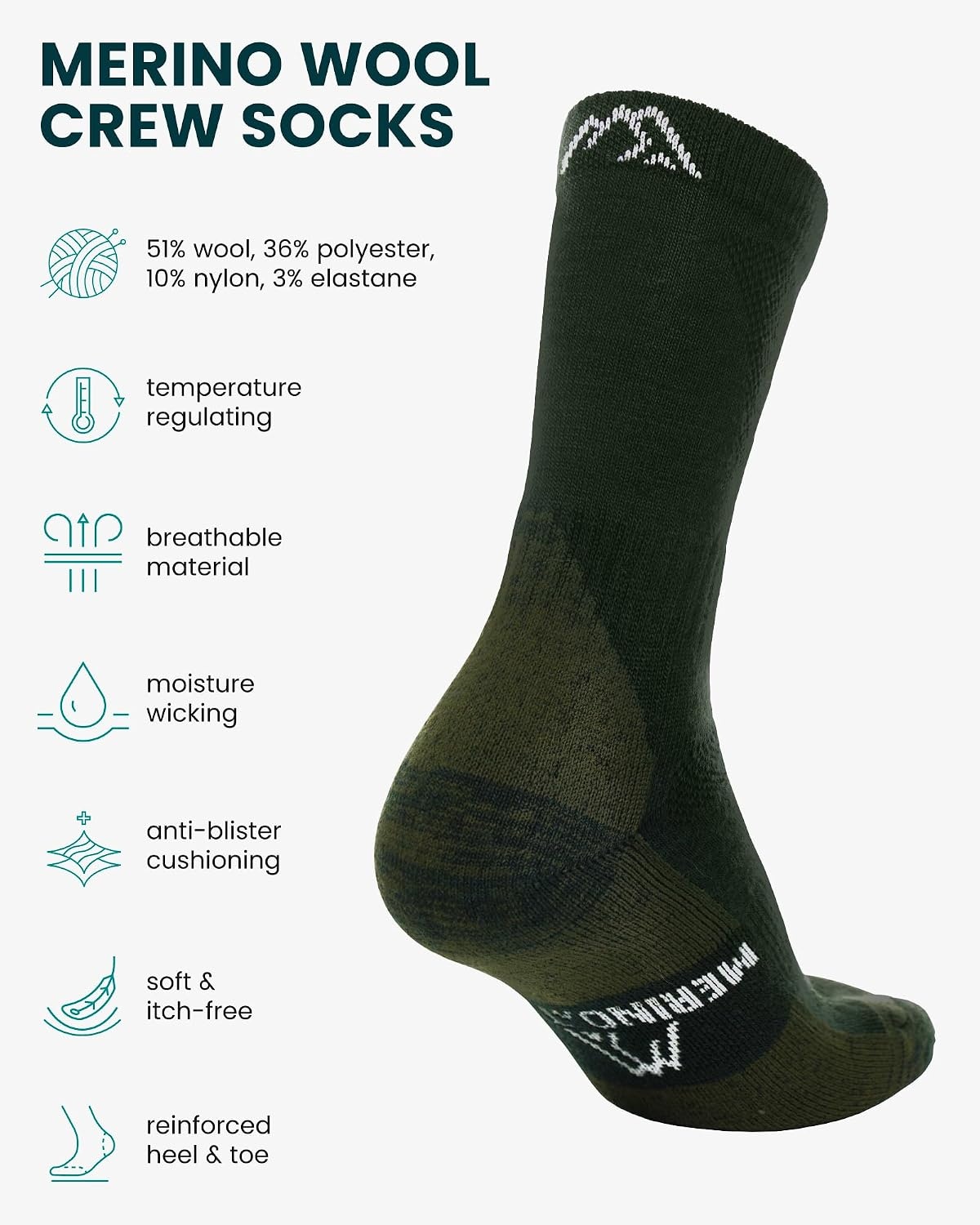 image:imageMerino Wool Socks for Men amp Women 36 Pack Wool Hiking Socks Crew Style Army Green Pack of 3