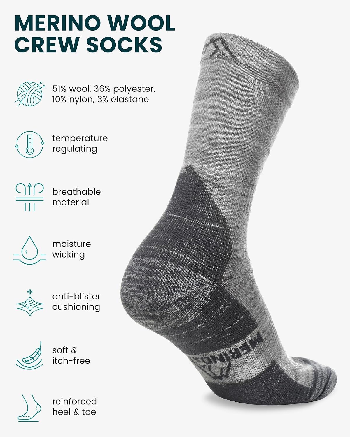 image:imageMerino Wool Socks for Men amp Women 36 Pack Wool Hiking Socks Crew Style Cloud Grey Pack of 3