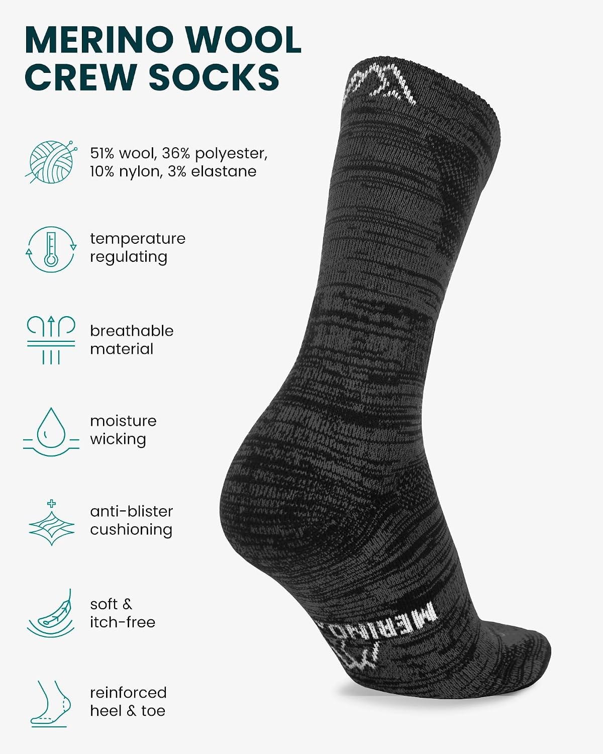 image:imageMerino Wool Socks for Men amp Women 36 Pack Wool Hiking Socks Crew StyleBlack Marble Pack of 2