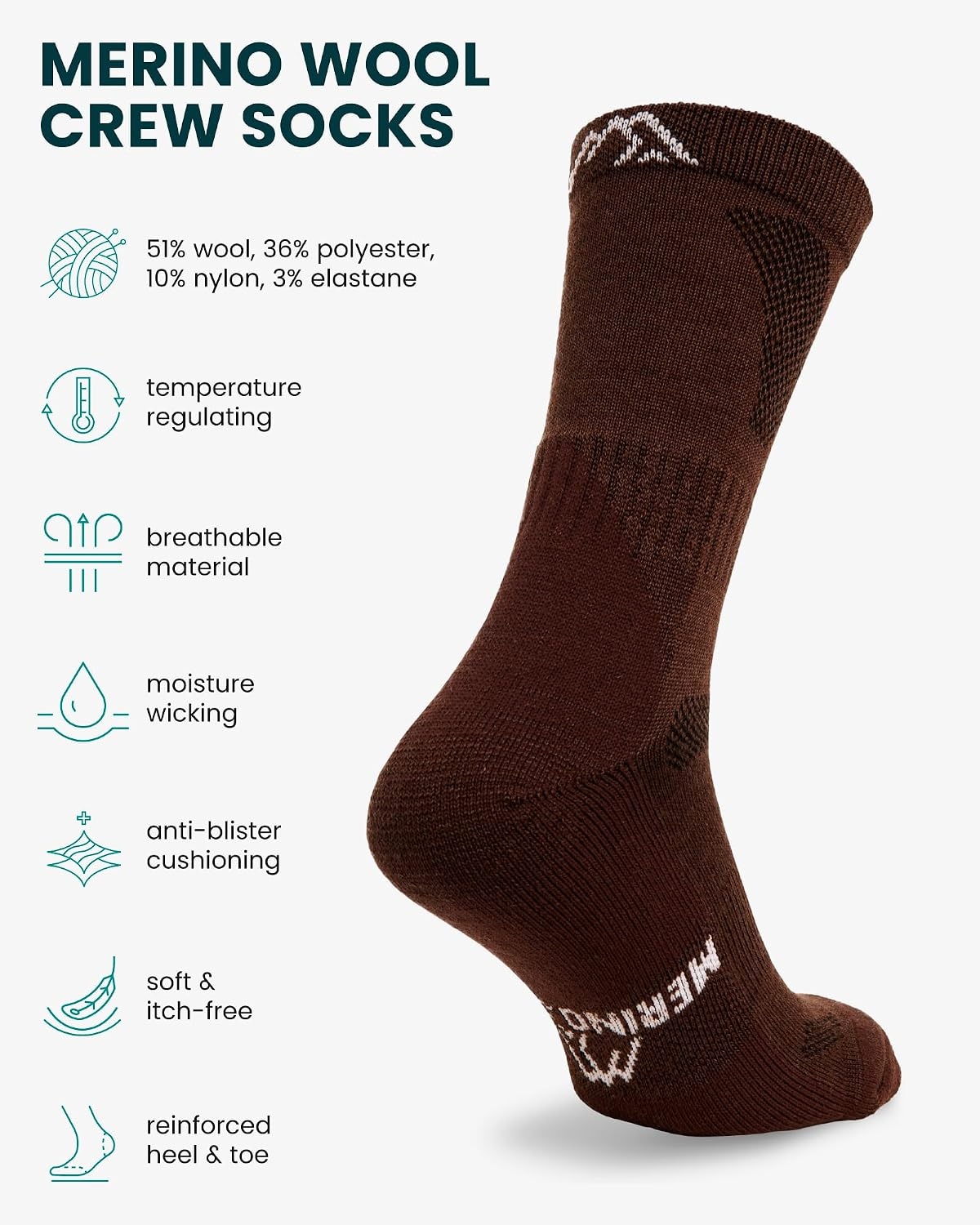 image:imageMerino Wool Socks for Men amp Women 36 Pack Wool Hiking Socks Crew StyleBrown Pack of 3
