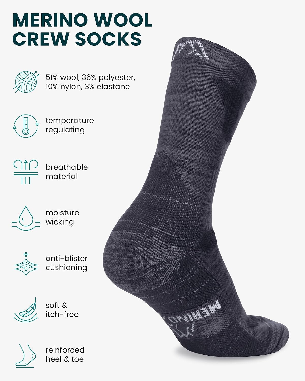 image:imageMerino Wool Socks for Men amp Women 36 Pack Wool Hiking Socks Crew StyleCharcoal Pack of 3