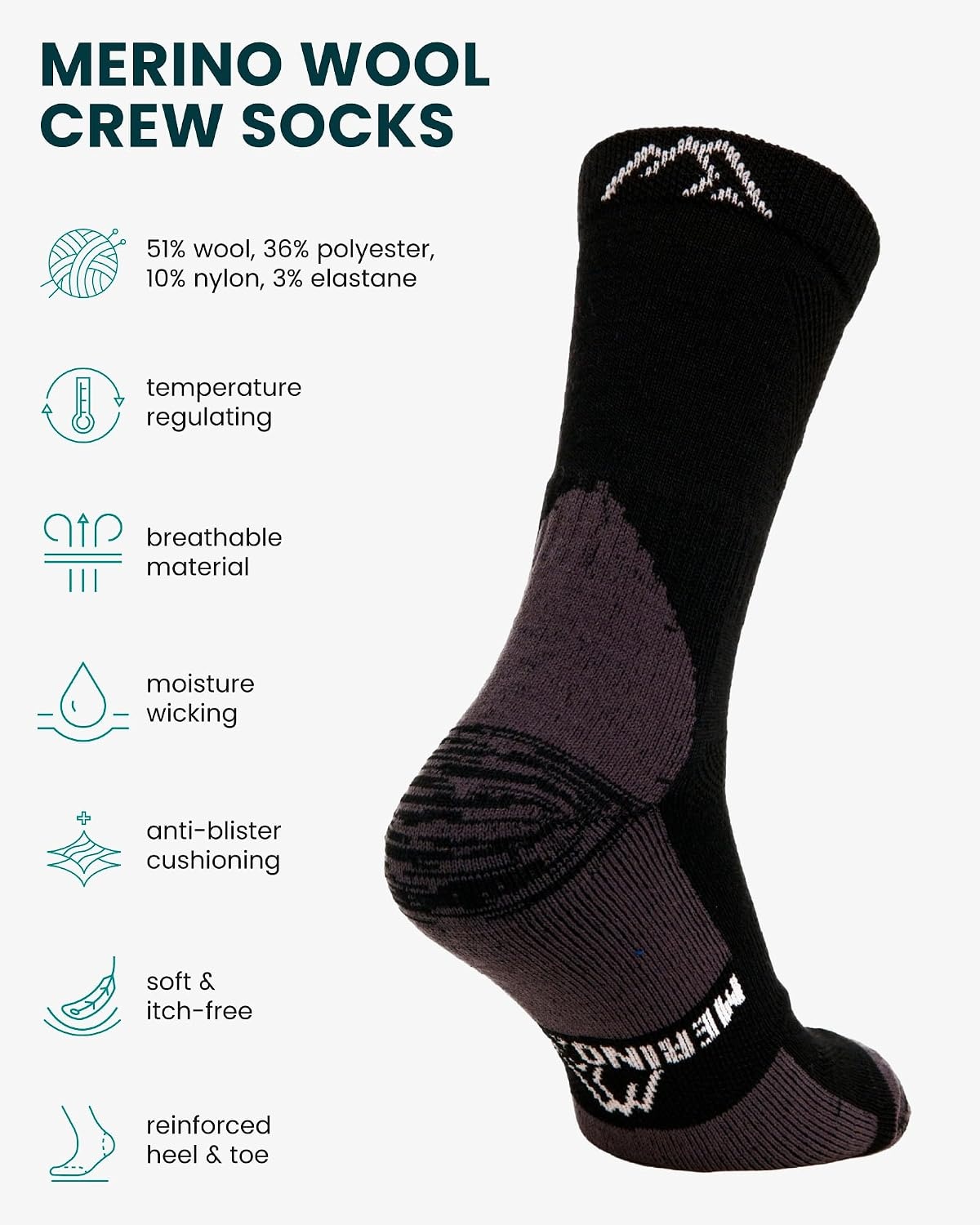 image:imageMerino Wool Socks for Men amp Women 36 Pack Wool Hiking Socks Crew StyleCoal Black Pack of 3