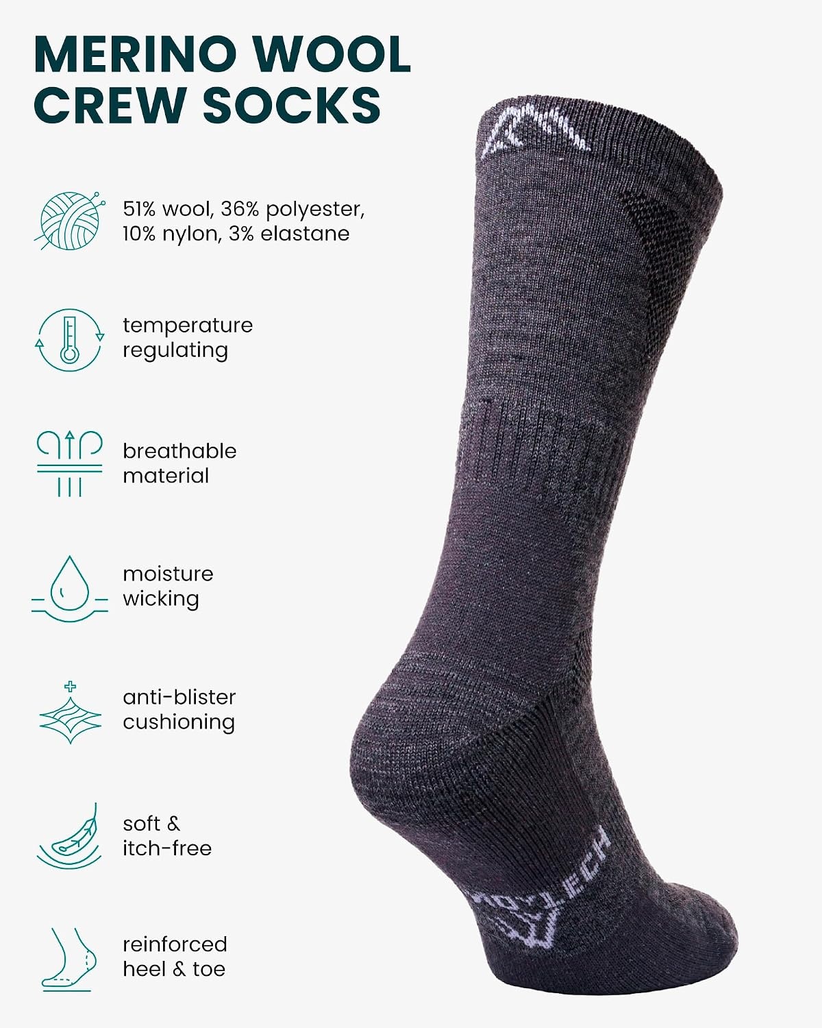 image:imageMerino Wool Socks for Men amp Women 36 Pack Wool Hiking Socks Crew StyleDark Charcoal Pack of 3