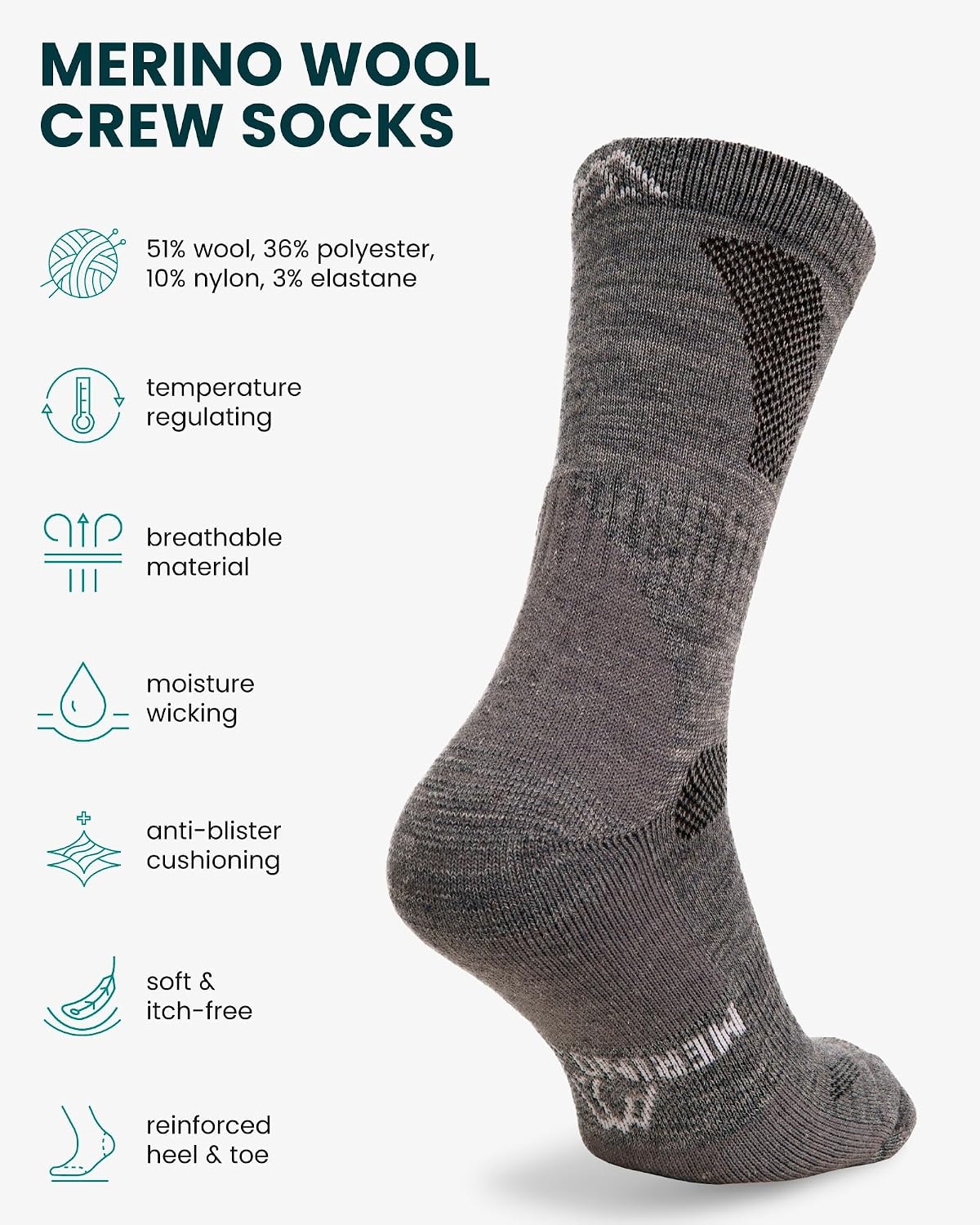 image:imageMerino Wool Socks for Men amp Women 36 Pack Wool Hiking Socks Crew StyleLight Grey Pack of 3