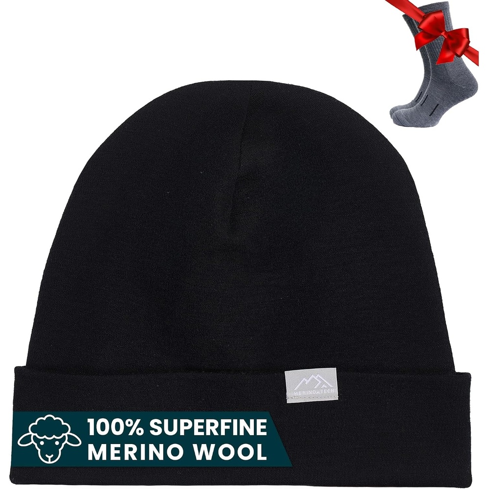 image:image100 Merino Wool Beanie for Women Men Set Adult Skull Cap 175um amp SocksBlack