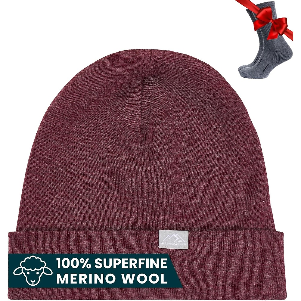 image:image100 Merino Wool Beanie for Women Men  Set Adult Skull Cap 175um amp SocksBurgundy