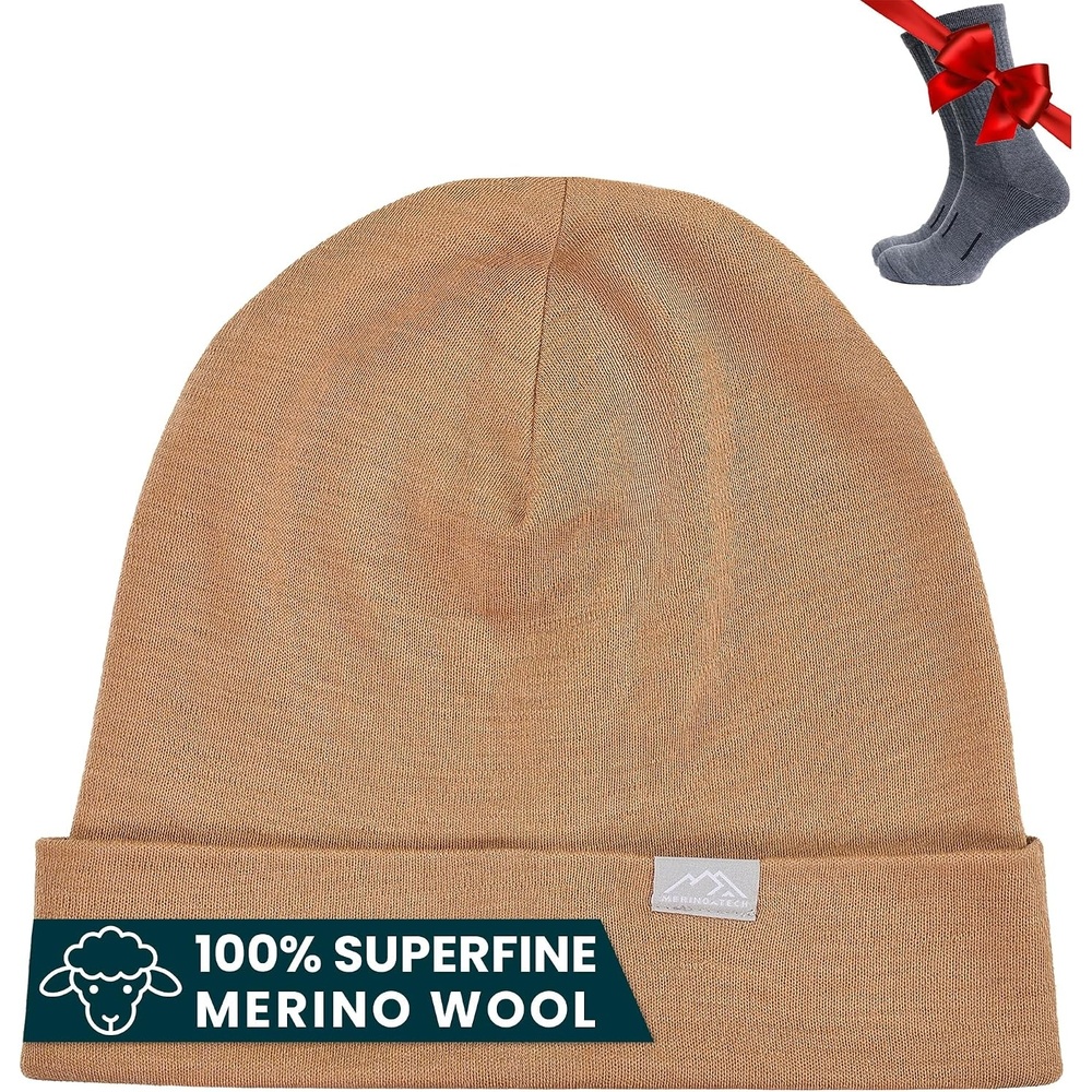 image:image100 Merino Wool Beanie for Women Men Set Adult Skull Cap 175um amp SocksCamel