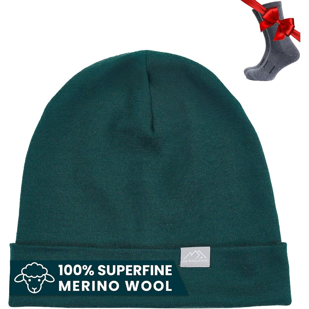 image:image100 Merino Wool Beanie for Women Men Set Adult Skull Cap 175um amp SocksForest Green