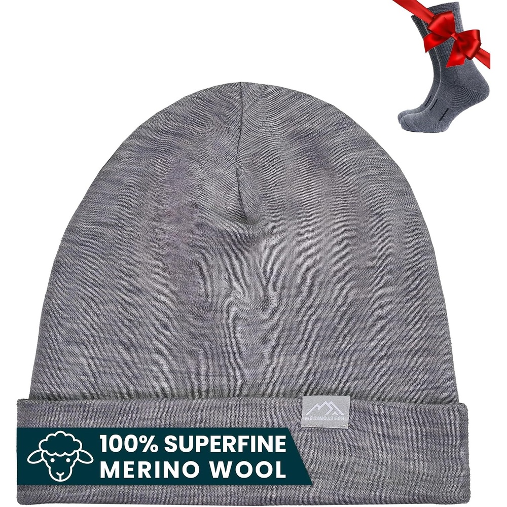 image:image100 Merino Wool Beanie for Women Men  Set Adult Skull Cap 175um amp SocksGrey Melange