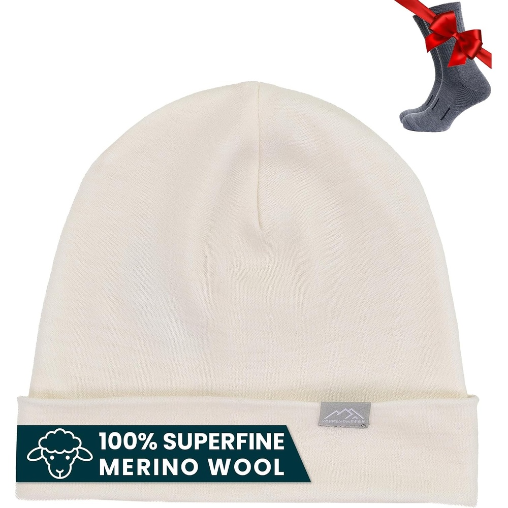 image:image100 Merino Wool Beanie for Women Men  Set Adult Skull Cap 175um amp SocksNatural Merinos
