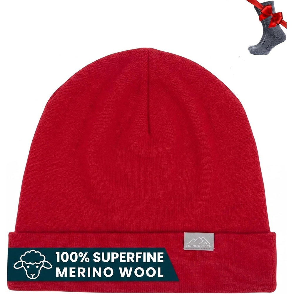 image:image100 Merino Wool Beanie for Women Men Set Adult Skull Cap 175um amp SocksRed