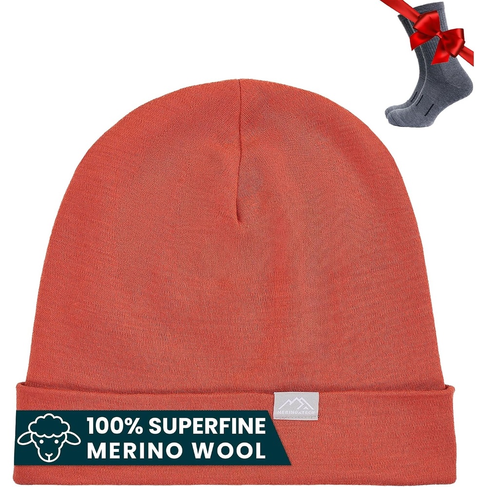 image:image100 Merino Wool Beanie for Women Men Set Adult Skull Cap 175um amp SocksRusty Orange